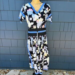 Vintage Chacok Floral V-Neck Dress with Blue Accents cotton side slits